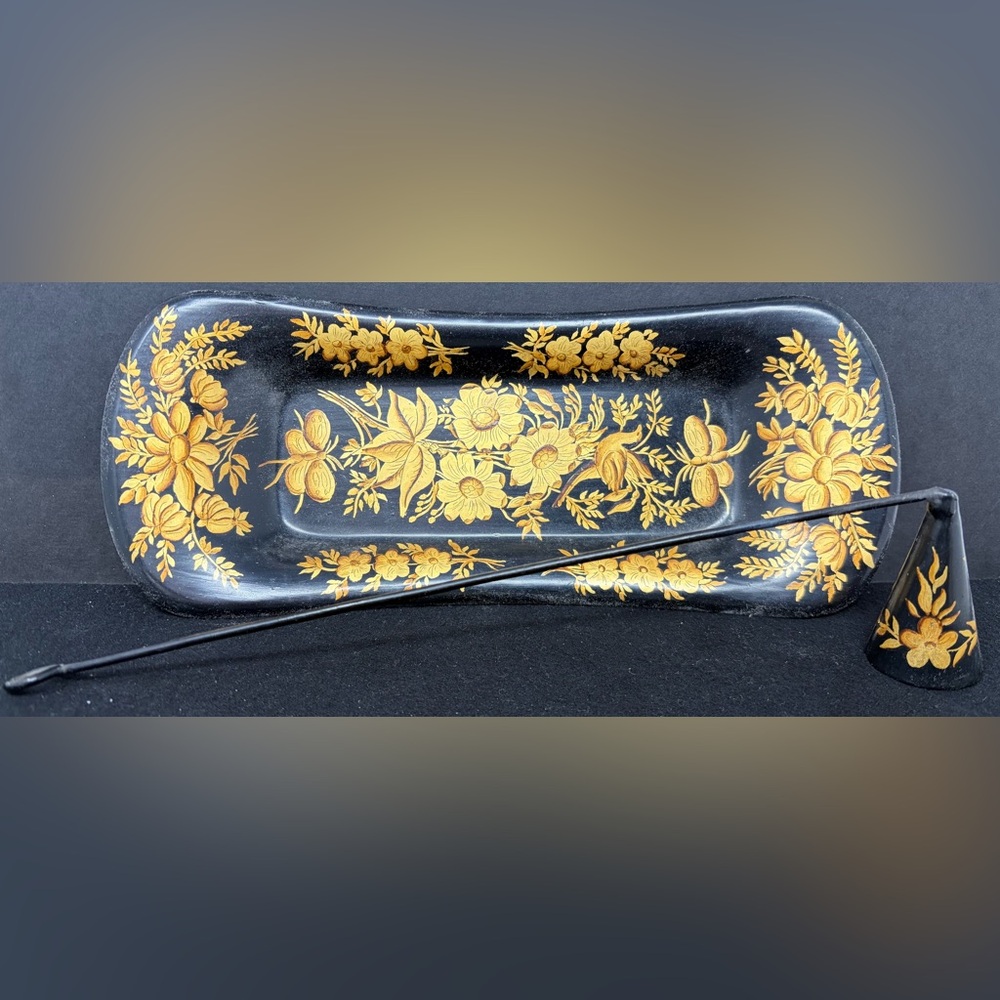 Vintage Hand-Painted Toleware Tin Tray with Matching Candle Snuffer